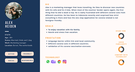 User persona for a foreign tourist in Indonesia showing goals, frustrations, and tech comfort level